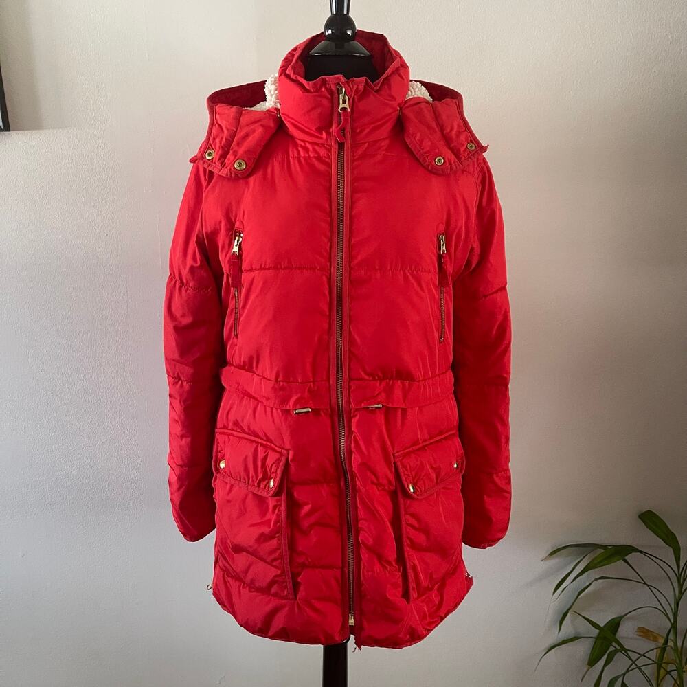 J Crew Red Chateau Puffer Jacket PrimaLoft Sherpa Hood Parka Coat Womens M AF012